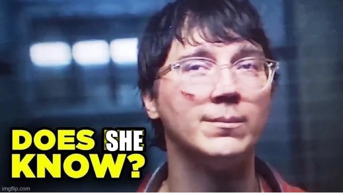 Does He Know? | SHE | image tagged in does he know | made w/ Imgflip meme maker
