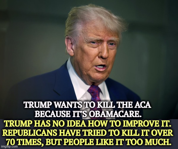 Trump senile, confused. The lights are going out. | TRUMP WANTS TO KILL THE ACA 
BECAUSE IT'S OBAMACARE. TRUMP HAS NO IDEA HOW TO IMPROVE IT. 
REPUBLICANS HAVE TRIED TO KILL IT OVER 
70 TIMES, BUT PEOPLE LIKE IT TOO MUCH. | image tagged in trump senile confused the lights are going out,trump,aca,obamacare,racist,health insurance | made w/ Imgflip meme maker