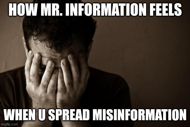 sad man | HOW MR. INFORMATION FEELS WHEN U SPREAD MISINFORMATION | image tagged in sad man | made w/ Imgflip meme maker