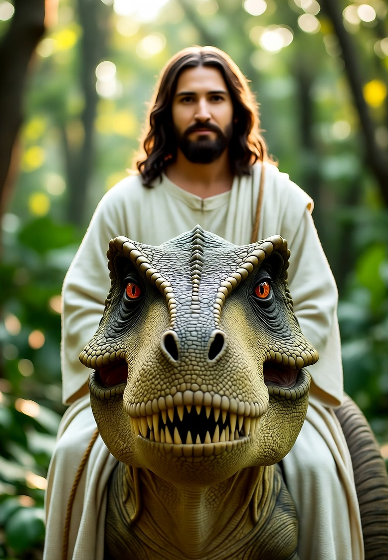 Jesus riding a dinosaur tyrannosaurus rex Blank Meme Template