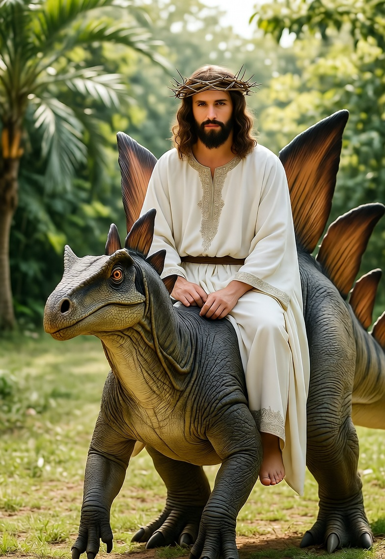 Jesus riding a dinosaur stegosaurus Blank Meme Template
