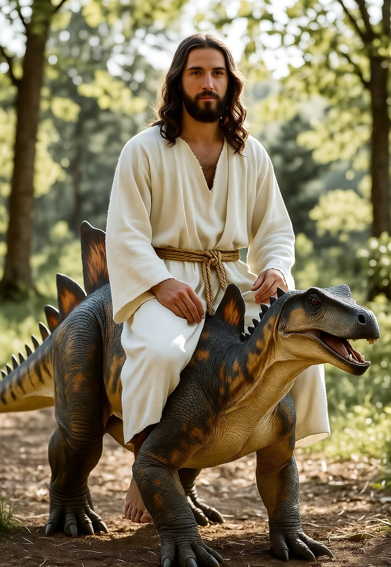 Jesus riding a dinosaur stegosaurus Blank Meme Template