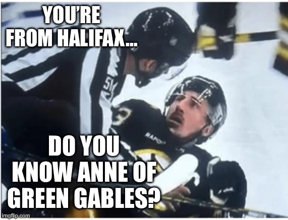 Somewhat Nonsensical Eh? | YOU’RE FROM HALIFAX…; DO YOU KNOW ANNE OF GREEN GABLES? | image tagged in betrayal,brad marchand | made w/ Imgflip meme maker