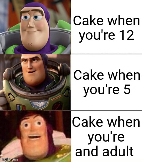 Better, best, blurst lightyear edition | Cake when you're 12; Cake when you're 5; Cake when you're and adult | image tagged in better best blurst lightyear edition | made w/ Imgflip meme maker