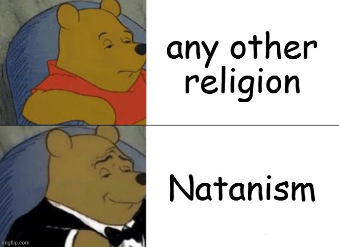 Natan my God, Lord and saviour | any other religion; Natanism | image tagged in tuxedo winnie the pooh | made w/ Imgflip meme maker