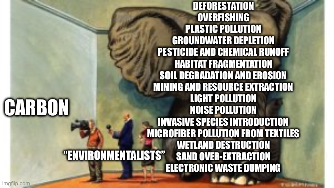 Elephant in the room | DEFORESTATION
OVERFISHING
PLASTIC POLLUTION
GROUNDWATER DEPLETION
PESTICIDE AND CHEMICAL RUNOFF
HABITAT FRAGMENTATION
SOIL DEGRADATION AND EROSION
MINING AND RESOURCE EXTRACTION
LIGHT POLLUTION
NOISE POLLUTION
INVASIVE SPECIES INTRODUCTION
MICROFIBER POLLUTION FROM TEXTILES
WETLAND DESTRUCTION
SAND OVER-EXTRACTION
ELECTRONIC WASTE DUMPING; CARBON; “ENVIRONMENTALISTS” | image tagged in elephant in the room | made w/ Imgflip meme maker