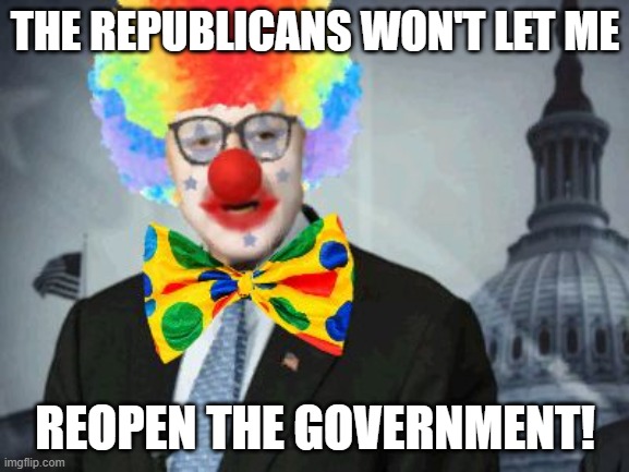 Be serious! | THE REPUBLICANS WON'T LET ME; REOPEN THE GOVERNMENT! | image tagged in chuck schumer,democrats,irony | made w/ Imgflip meme maker