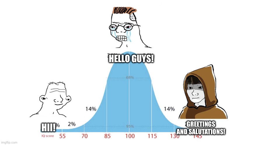 Girls in 2025 need to learn grammar | HELLO GUYS! GREETINGS AND SALUTATIONS! HII! | image tagged in gauss wojak | made w/ Imgflip meme maker