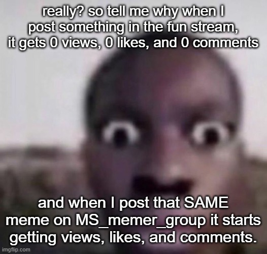 bruh what | really? so tell me why when I post something in the fun stream, it gets 0 views, 0 likes, and 0 comments and when I post that SAME meme on M | image tagged in bruh what | made w/ Imgflip meme maker