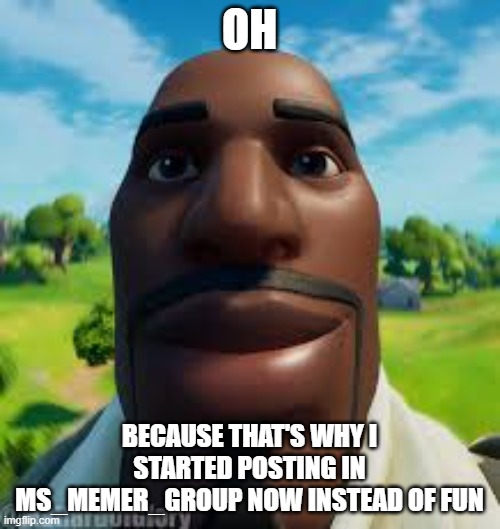 Fortnite default stare | OH BECAUSE THAT'S WHY I STARTED POSTING IN MS_MEMER_GROUP NOW INSTEAD OF FUN | image tagged in fortnite default stare | made w/ Imgflip meme maker