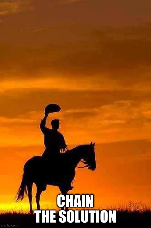 Cowboy Goodbye sunset | CHAIN THE SOLUTION | image tagged in cowboy goodbye sunset | made w/ Imgflip meme maker