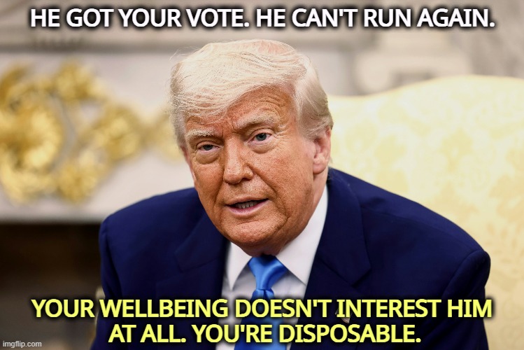 Everything he does from here on out is for himself and his rich buddies.  You've done your bit. He's already forgotten you. | HE GOT YOUR VOTE. HE CAN'T RUN AGAIN. YOUR WELLBEING DOESN'T INTEREST HIM
 AT ALL. YOU'RE DISPOSABLE. | image tagged in trump,selfish,con man,sucker | made w/ Imgflip meme maker