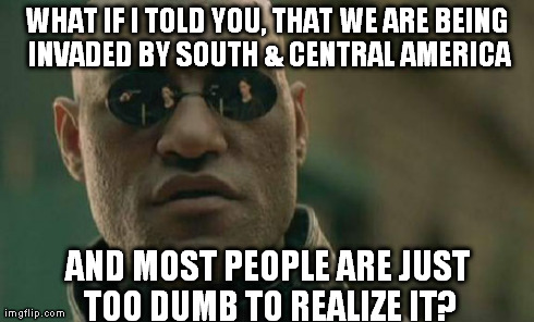Matrix Morpheus Meme | WHAT IF I TOLD YOU, THAT WE ARE BEING INVADED BY SOUTH & CENTRAL AMERICA AND MOST PEOPLE ARE JUST TOO DUMB TO REALIZE IT? | image tagged in memes,matrix morpheus | made w/ Imgflip meme maker