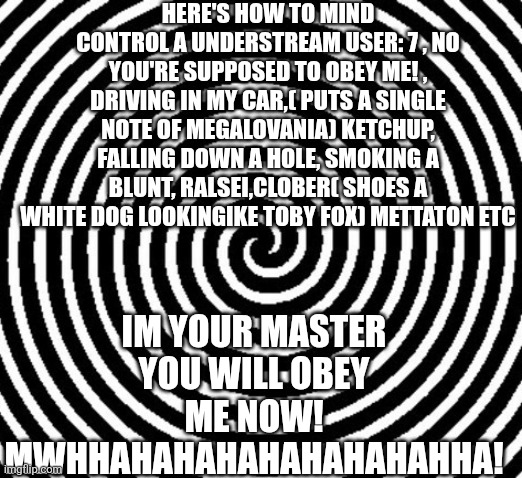 Mind control | HERE'S HOW TO MIND CONTROL A UNDERSTREAM USER: 7 , NO YOU'RE SUPPOSED TO OBEY ME! , DRIVING IN MY CAR,( PUTS A SINGLE NOTE OF MEGALOVANIA) KETCHUP, FALLING DOWN A HOLE, SMOKING A BLUNT, RALSEI,CLOBER( SHOES A WHITE DOG LOOKINGIKE TOBY FOX) METTATON ETC; IM YOUR MASTER YOU WILL OBEY ME NOW! MWHHAHAHAHAHAHAHAHAHHA! | image tagged in mind control | made w/ Imgflip meme maker
