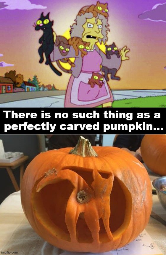 Happy Halloween everyone!!!! | There is no such thing as a 
perfectly carved pumpkin... | image tagged in cat lady votes for clinton,happy halloween | made w/ Imgflip meme maker