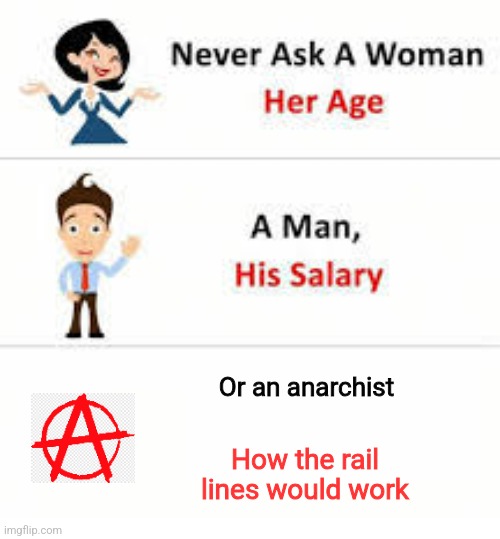 Never ask a woman her age | Or an anarchist; How the rail lines would work | image tagged in never ask a woman her age | made w/ Imgflip meme maker