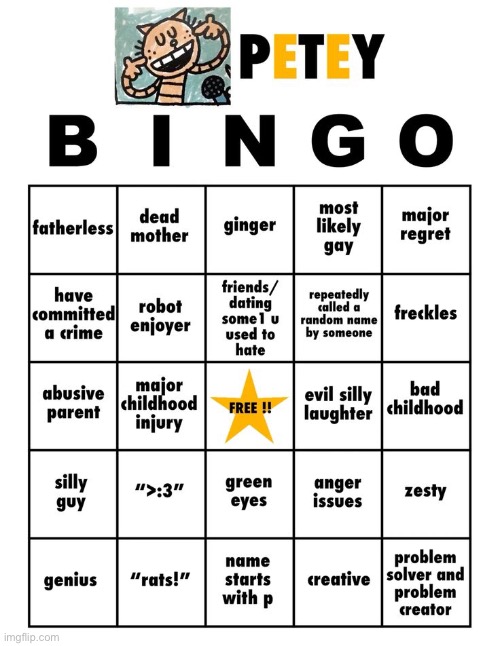 I doubt anyone is gonna do ts but i made it a temp | image tagged in petey bingo | made w/ Imgflip meme maker