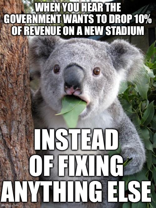 WHEN YOU FIND OUT TASMANIA HAS TO PAY 10% OF ITS REVENUE FOR A STADIUM | WHEN YOU HEAR THE GOVERNMENT WANTS TO DROP 10% OF REVENUE ON A NEW STADIUM; INSTEAD OF FIXING ANYTHING ELSE | image tagged in memes,surprised koala,sports,orwellian,george orwell,sport | made w/ Imgflip meme maker