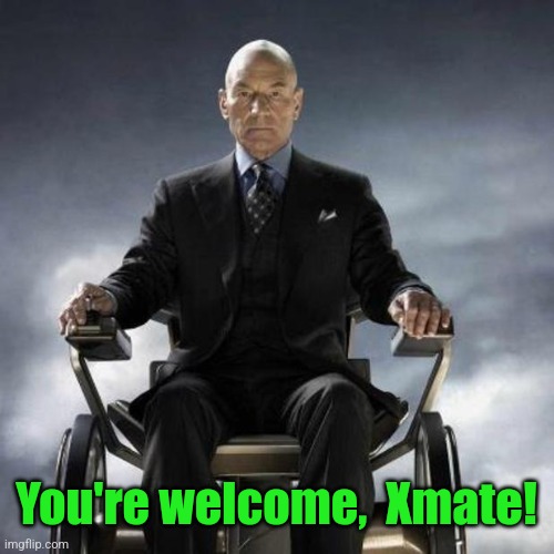 Professor Xavier | You're welcome,  Xmate! | image tagged in professor xavier | made w/ Imgflip meme maker