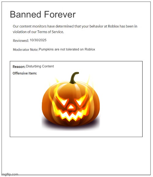 Roblox Moderations be like: | Banned Forever; 10/30/2025; Pumpkins are not tolerated on Roblox; Disturbing Content | image tagged in moderation system | made w/ Imgflip meme maker