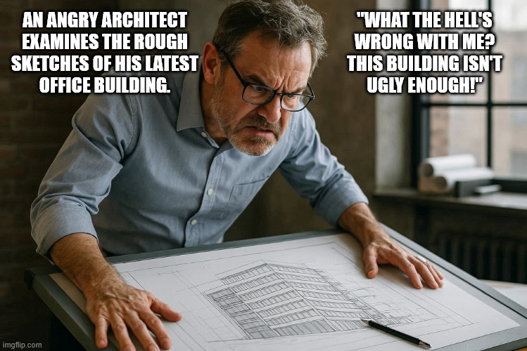 Angry Architect | AN ANGRY ARCHITECT
EXAMINES THE ROUGH
SKETCHES OF HIS LATEST
OFFICE BUILDING. "WHAT THE HELL'S
WRONG WITH ME?
THIS BUILDING ISN'T
UGLY ENOUGH!" | image tagged in architecture,architect,ugly,building,office | made w/ Imgflip meme maker