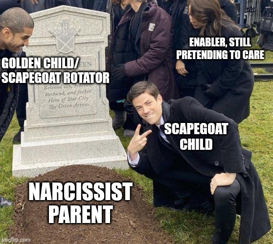 Wazzaaaaaaaaa | ENABLER, STILL PRETENDING TO CARE; GOLDEN CHILD/ SCAPEGOAT ROTATOR; SCAPEGOAT CHILD; NARCISSIST PARENT | image tagged in funeral | made w/ Imgflip meme maker