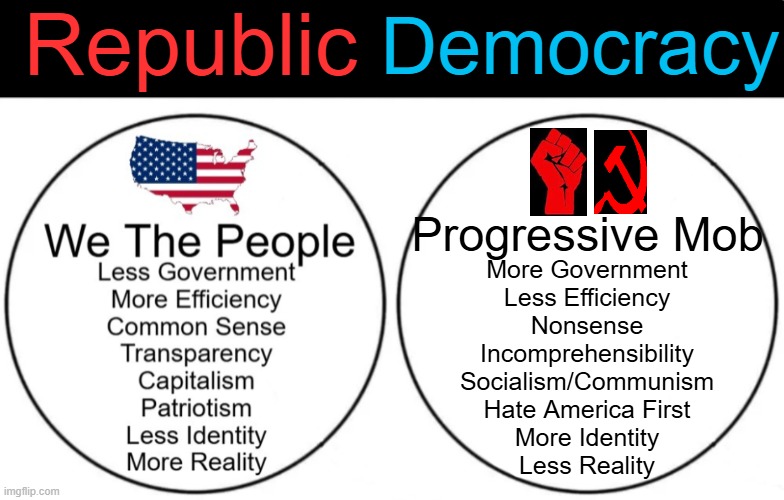 A Tale of Two Americas | Republic; Democracy; Progressive Mob; More Government
Less Efficiency
Nonsense
Incomprehensibility
Socialism/Communism
Hate America First
More Identity
Less Reality | image tagged in conservatives,liberals,republic,democracy,victors,victims | made w/ Imgflip meme maker