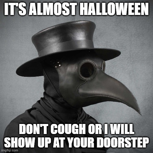 Doorstep | IT'S ALMOST HALLOWEEN; DON'T COUGH OR I WILL SHOW UP AT YOUR DOORSTEP | image tagged in plague doctor | made w/ Imgflip meme maker