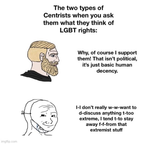 Centrists who don’t believe in human rights aren’t centrists | image tagged in centrism,wojak,lgbtq,chad | made w/ Imgflip meme maker