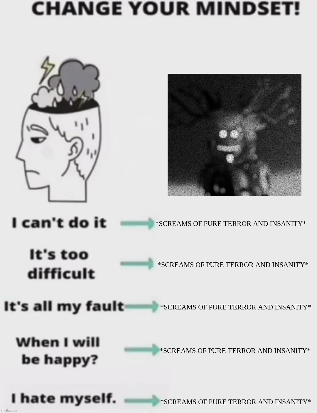 change your mindset...................... or go insane idk | *SCREAMS OF PURE TERROR AND INSANITY*; *SCREAMS OF PURE TERROR AND INSANITY*; *SCREAMS OF PURE TERROR AND INSANITY*; *SCREAMS OF PURE TERROR AND INSANITY*; *SCREAMS OF PURE TERROR AND INSANITY* | image tagged in change your mindset | made w/ Imgflip meme maker
