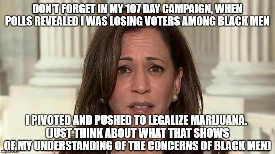 kamala harris | DON'T FORGET IN MY 107 DAY CAMPAIGN, WHEN POLLS REVEALED I WAS LOSING VOTERS AMONG BLACK MEN I PIVOTED AND PUSHED TO LEGALIZE MARIJUANA. 
(J | image tagged in kamala harris | made w/ Imgflip meme maker