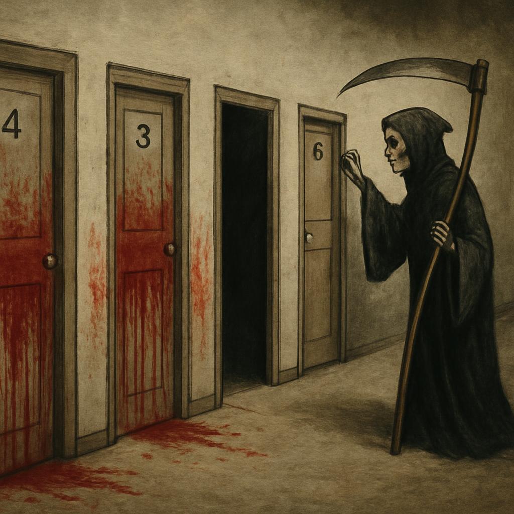 Death knocking the sixth door, while the Doors 1-4 are bloodied Blank Meme Template