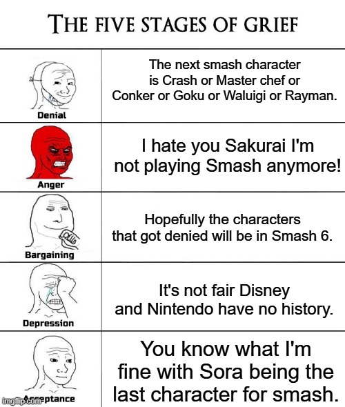 Smash fans and Sora | The next smash character is Crash or Master chef or Conker or Goku or Waluigi or Rayman. I hate you Sakurai I'm not playing Smash anymore! Hopefully the characters that got denied will be in Smash 6. It's not fair Disney and Nintendo have no history. You know what I'm fine with Sora being the last character for smash. | image tagged in 5 stages of grief,super smash bros,kingdom hearts,nintendo,disney,super smash bros ultimate | made w/ Imgflip meme maker