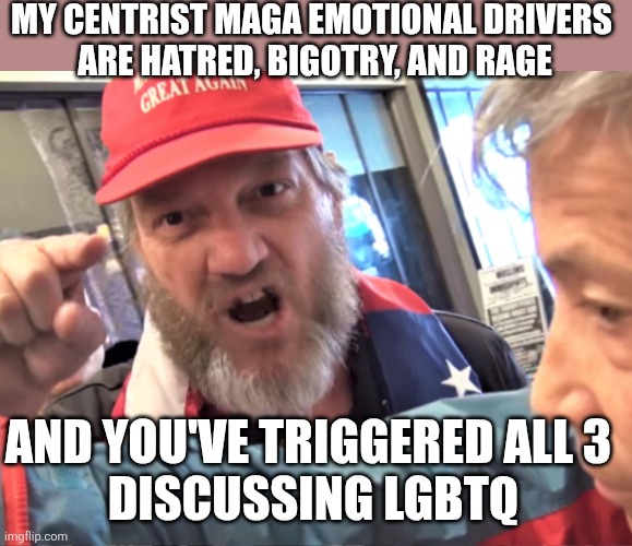 Angry Trump Supporter | MY CENTRIST MAGA EMOTIONAL DRIVERS 
ARE HATRED, BIGOTRY, AND RAGE AND YOU'VE TRIGGERED ALL 3
 DISCUSSING LGBTQ | image tagged in angry trump supporter | made w/ Imgflip meme maker