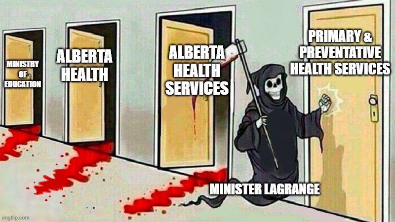death knocking at the door | PRIMARY & PREVENTATIVE HEALTH SERVICES; ALBERTA HEALTH SERVICES; ALBERTA HEALTH; MINISTRY OF EDUCATION; MINISTER LAGRANGE | image tagged in death knocking at the door | made w/ Imgflip meme maker