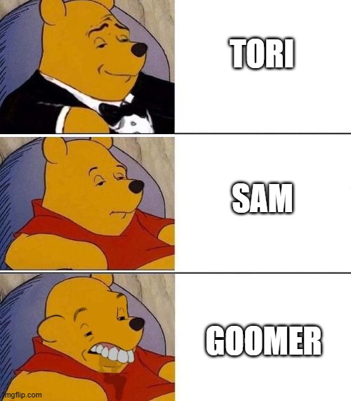 this only makes sense if you watched sam and cat, victorious, and icarly. | TORI; SAM; GOOMER | image tagged in tuxedo on top winnie the pooh 3 panel,tv shows | made w/ Imgflip meme maker