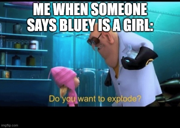 HE'S A BOY | ME WHEN SOMEONE SAYS BLUEY IS A GIRL: | image tagged in do you want to explode | made w/ Imgflip meme maker