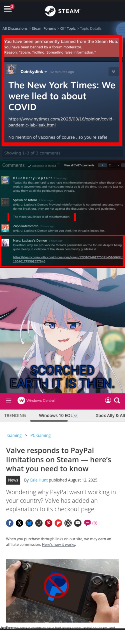 Yes, I see Elaina and immediately think of Laplace's Demon. Doesn't everyone? | SCORCHED EARTH IT IS THEN. | image tagged in wandering witch elaina,covid-19,valve,half life 3,paypal,censorship | made w/ Imgflip meme maker