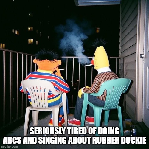 Sesame Over It | SERIOUSLY TIRED OF DOING ABCS AND SINGING ABOUT RUBBER DUCKIE | image tagged in dark humor | made w/ Imgflip meme maker
