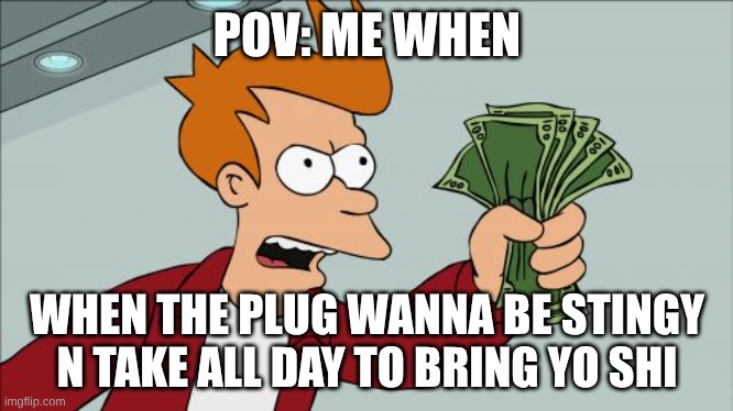 i swear they dont want they paper now n days | POV: ME WHEN; WHEN THE PLUG WANNA BE STINGY N TAKE ALL DAY TO BRING YO SHI | image tagged in memes,shut up and take my money fry | made w/ Imgflip meme maker