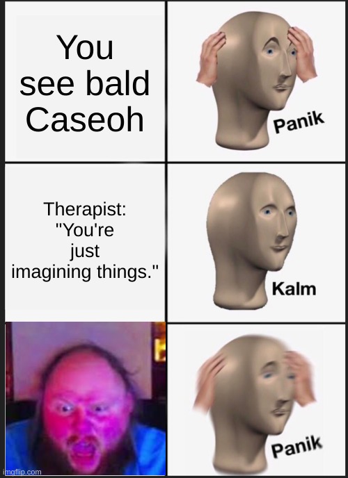 Panik Kalm Panik Meme | You see bald Caseoh; Therapist: "You're just imagining things." | image tagged in memes,panik kalm panik | made w/ Imgflip meme maker