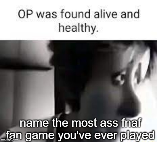 op was found alive and healthy | name the most ass fnaf fan game you've ever played | image tagged in op was found alive and healthy | made w/ Imgflip meme maker