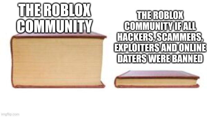 Bruh | THE ROBLOX COMMUNITY IF ALL HACKERS, SCAMMERS, EXPLOITERS AND ONLINE DATERS WERE BANNED; THE ROBLOX COMMUNITY | image tagged in two books,roblox,banned from roblox,hackers,scammers,online dating | made w/ Imgflip meme maker
