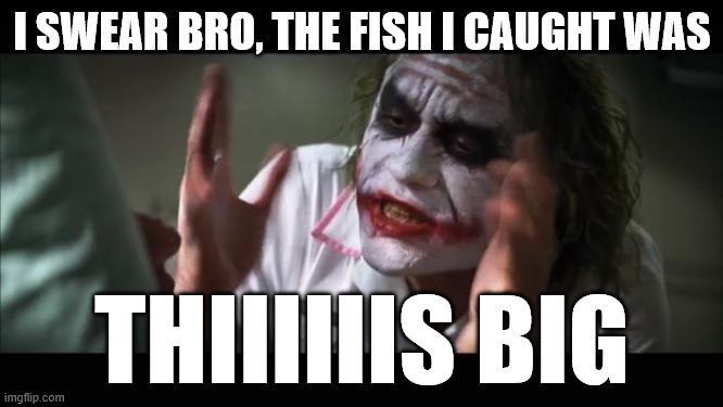 And everybody loses their minds Meme | I SWEAR BRO, THE FISH I CAUGHT WAS; THIIIIIIS BIG | image tagged in memes,and everybody loses their minds | made w/ Imgflip meme maker