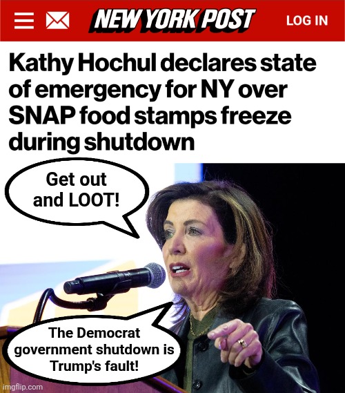 We know where this is going, but it's bound to be "mostly peaceful." | Get out
and LOOT! The Democrat
government shutdown is
Trump's fault! | image tagged in memes,kathy hochul,new york,looting,government shutdown,democrats | made w/ Imgflip meme maker