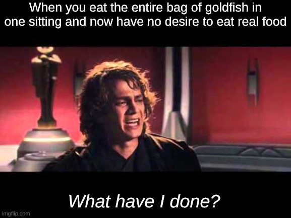 me today | When you eat the entire bag of goldfish in one sitting and now have no desire to eat real food; What have I done? | image tagged in anakin what have i done,goldfish,snacks,relatable,regret,star wars prequels | made w/ Imgflip meme maker