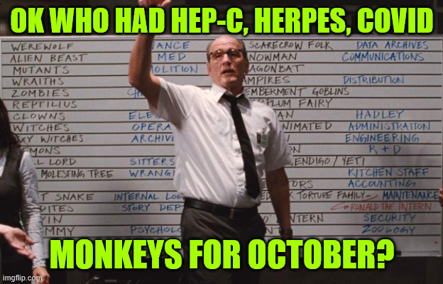 Ok who had... | OK WHO HAD HEP-C, HERPES, COVID MONKEYS FOR OCTOBER? | image tagged in ok who had,hep c,herpes,covid,monkeys,in october | made w/ Imgflip meme maker