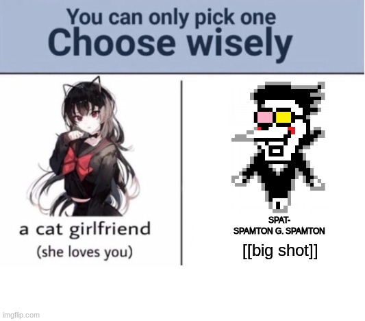 SPAMTON or cat gf, hmmmmmmmmm idk bout this one | SPAT-
SPAMTON G. SPAMTON; [[big shot]] | image tagged in choose wisely | made w/ Imgflip meme maker