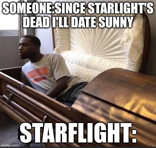 Coffin | SOMEONE:SINCE STARLIGHT'S DEAD I'LL DATE SUNNY; STARFLIGHT: | image tagged in coffin | made w/ Imgflip meme maker
