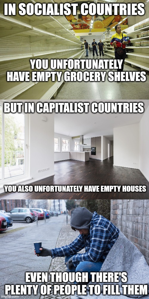 Both Socialist and Capitalist countries have empty spaces | IN SOCIALIST COUNTRIES; YOU UNFORTUNATELY HAVE EMPTY GROCERY SHELVES; BUT IN CAPITALIST COUNTRIES; YOU ALSO UNFORTUNATELY HAVE EMPTY HOUSES; EVEN THOUGH THERE'S PLENTY OF PEOPLE TO FILL THEM | image tagged in socialism,capitalism,starvation,homelessness,economics | made w/ Imgflip meme maker